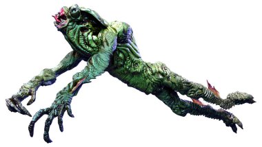 Beyaz arka planda izole edilmiş yeşil bir uzaylının 3 boyutlu görüntüsü