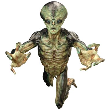 Beyaz arka planda izole edilmiş yeşil bir uzaylının 3 boyutlu görüntüsü