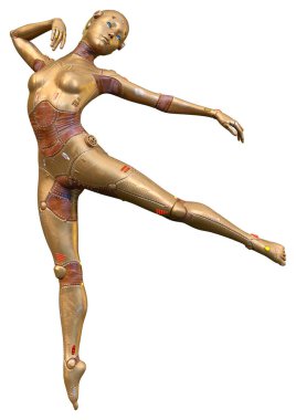 Beyaz arka planda izole edilmiş bir kadın robotun 3 boyutlu canlandırması