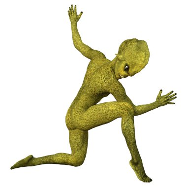 Beyaz arka planda izole edilmiş yeşil bir uzaylı dansının 3 boyutlu görüntüsü