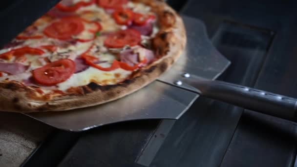 Kocken Tar Pizzan Ugnen — Stockvideo