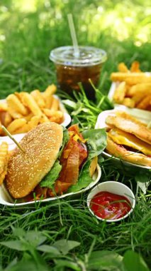 Hamburger kızartması yakın plan ve açık havada piknik. Yaz pikniğinde çimenlerde servis edilen çim ve ketçaplı çizburger ve patates kızartması..