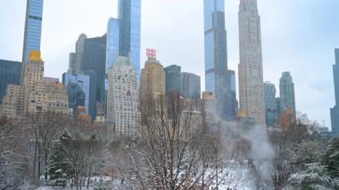 New York, ABD, 22 Aralık 2025: Karlı Central Park ağaçlarının üzerindeki şehir merkezi kuleleri. Central Park 'taki Wollman Pisti' nin yakınındaki karla kaplı ağaçların üzerinde uzun gökdelenler yükseliyor..
