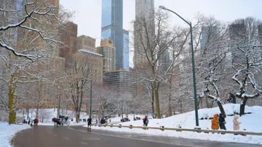 New York, ABD, 24 Aralık 2025 Winter Central Park with City Skyline. Karlı ağaçlarla kaplı Central Park 'ın geniş kış manzarası ve arka planda yükselen Manhattan gökdelenleri.