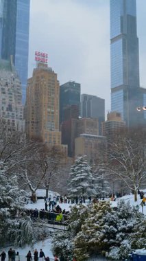 New York, ABD, 15 Ocak 2026, Central Park Kış Skyline. Manhattan silueti ve Essex Evi tabelasıyla Karlı Central Park manzarası aktif bir kış günü görülebilir.