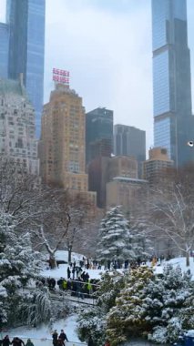New York, ABD, 25 Aralık 2025, Central Park 'ta Wollman Rink ve Skyline ile kış sahnesi. Central Park 'taki ağaçlar buz patencileriyle kaplıydı.