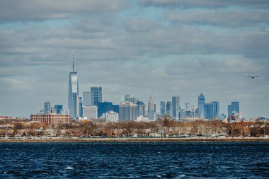 New York şehrinin geniş açılı görüntüsü. Bir Dünya Ticaret Merkezi ve doğru çerçevede uçan bir kuş..