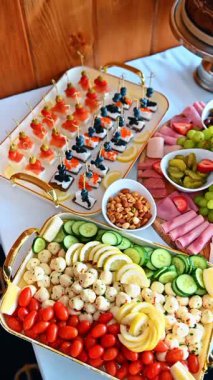 İçinde mozarella incileri, domatesler ve balık kanepeleri olan gurme aperatifleri. Caprese salatası ve deniz ürünleri aperatifleriyle yüksek açılı tabaklar.