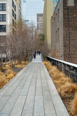 New York, ABD, 2 Mart 2026: Modern gökdelenler Manhattan 'a giden High Line Park yolu. High Line 'daki yaya geçidi. Arka planda hareketsiz bitkiler ve cam gökdelenler var...