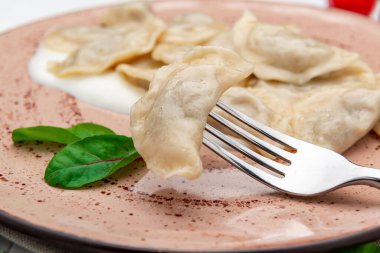 Bulanık tabaklı çatallı tek hamur tatlısı. Çatalla pişirilmiş bir hamur köftesini kremalı ve domatesli bir tabağın bulanık arka planına yaklaştır..