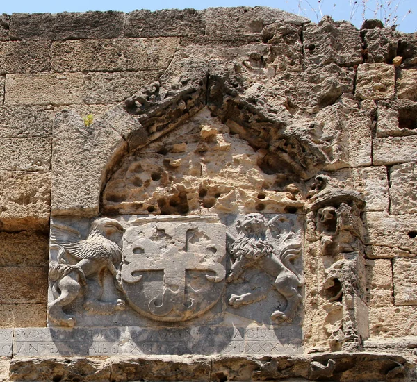 Coats Arms Carved Wall Gate Saint Athanasios Fortifications Rhodes Rhodes — Stock Photo, Image