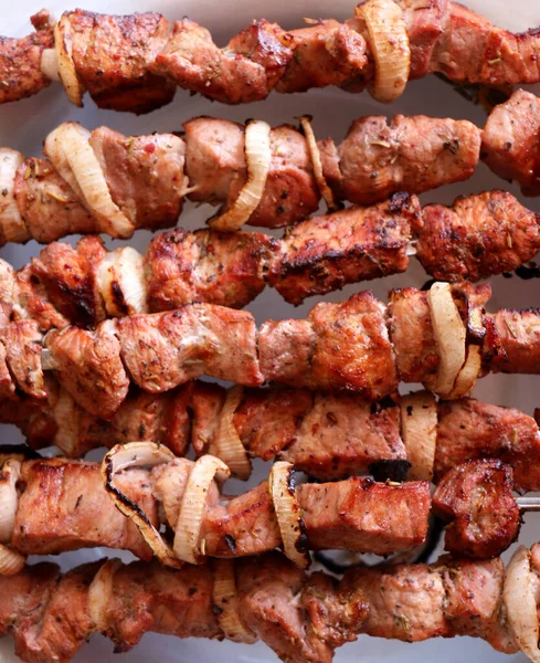 Kebab Spies Bereid Houtskool Grill Gegrild Vlees Gegrild Voedsel Shashlik — Stockfoto