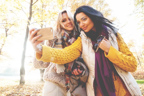 Przyjaciół, biorąc selfie w jesienny park — Zdjęcie stockowe
