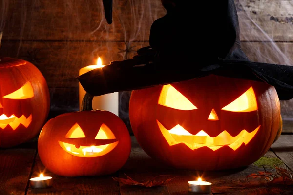 Jack Linterna Calabaza Halloween Con Sombrero Brujas Arañas Web Velas — Foto de Stock