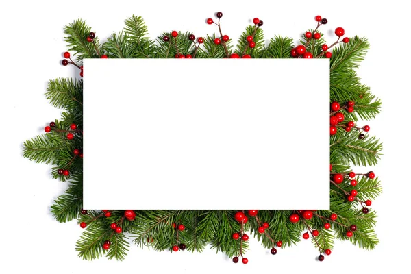 Karácsonyi Határ Keret Faágak Piros Bogyók Fehér Háttér Másolási Hely — Stock Fotó