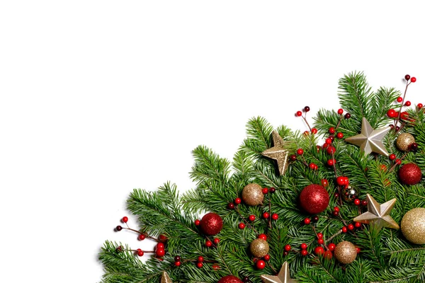 Karácsony Újév Dekoráció Keret Elszigetelt Fehér Fenyő Ágak Piros Arany — Stock Fotó