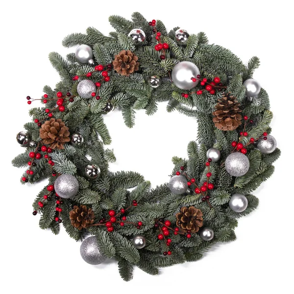 Christmas Green Fir Tree Wreath Decoration Isolated White Background Stock Image