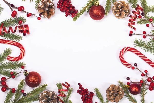 Winter Kerst Frame Compositie Met Blanco Witte Achtergrond Sparren Tak — Stockfoto