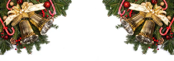 Новорічна Різдвяна Композиції Дизайну Ізольовані Білому Тлі Гілки Ялинки Дзвонять — стокове фото