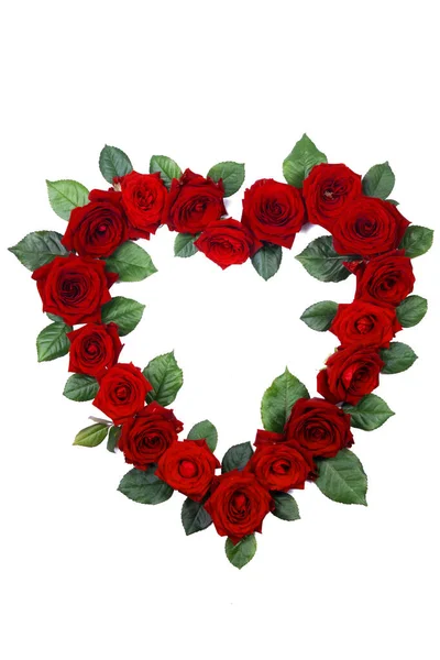 Red Roses Border Frame Heart Shape Isolated White Background Valentine — Stock Photo, Image