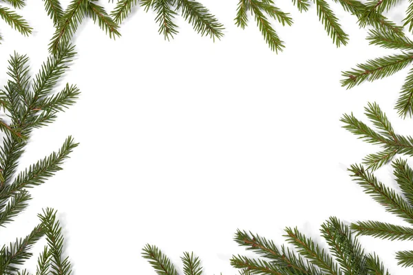 Natural Fir Christmas Tree Border Frame Isolated White Copy Space — Stock Photo, Image