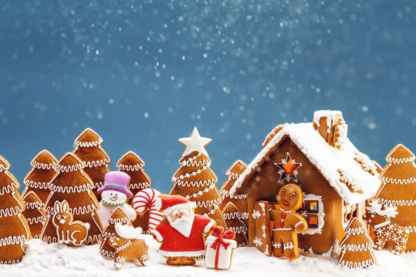 Gingerbread House Christmas Fir Trees Santa Claus Gift Cookies Winter — Stock Photo, Image