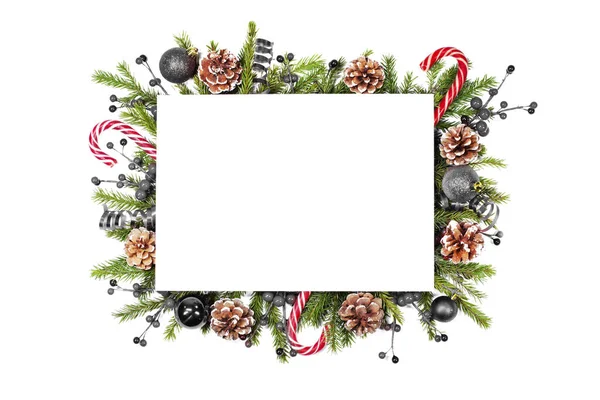 Biglietto Bianco Bianco Natale Con Spazio Copia Arredamento Del Ramo — Foto Stock