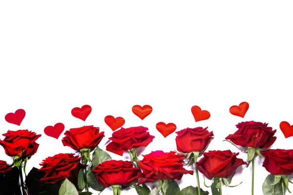 Vermelho Rosas Corações Moldura Fronteira Isolado Fundo Branco Dia Dos — Fotografia de Stock