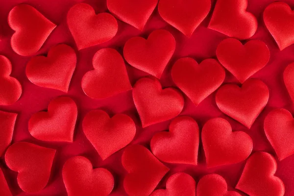 Valentinstag Viele Rote Seidenherzen Hintergrund Liebeskonzept — Stockfoto