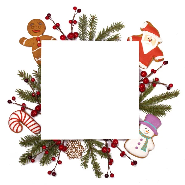 Karácsonyi Fehér Üres Kártya Fénymásoló Hely Dekoráció Fenyő Csecsebecsék Piros — Stock Fotó