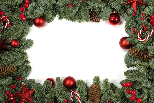 Christmas Border Frame Design Copmosition Noble Fir Tree Branch Red — Stock Photo, Image