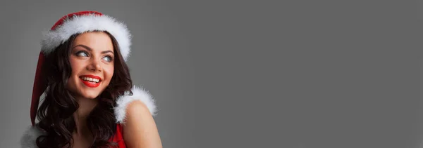 Beautiful Female Model Wear Santa Hat Gray Background Copy Space — Stock Photo, Image