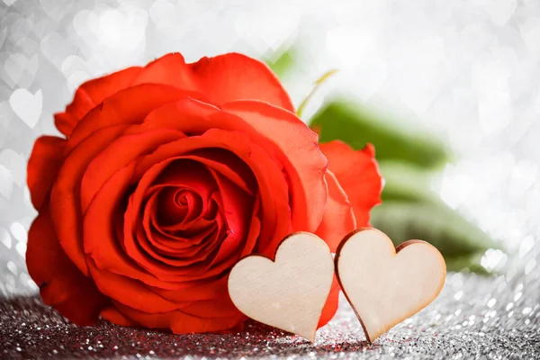 Rose Twee Harten Zilveren Glitter Gloeiende Bokeh Achtergrond Voor Valentijnsdag — Stockfoto