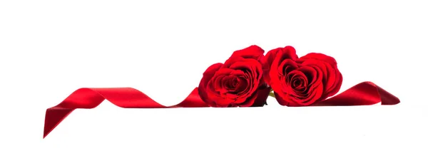 Hearts Red Roses Curly Ribbons Isolated White Background Valentines Day — Stock Photo, Image