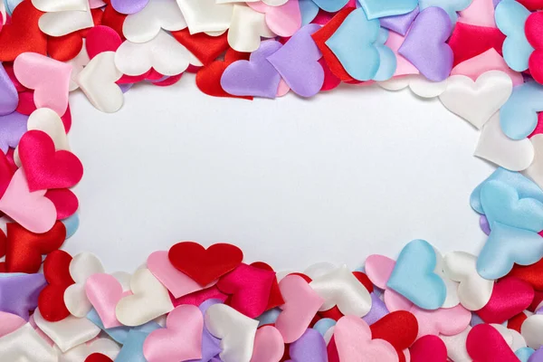 Valentinstag Viele Farbe Seide Herzen Rahmen Hintergrund Kopierraum Für Text — Stockfoto