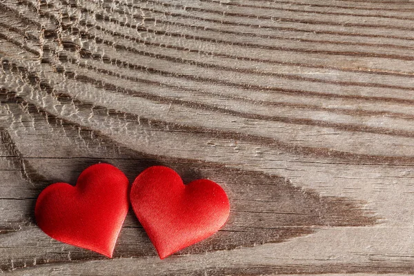 Valentine Day Two Red Silk Hearts Wooden Background Love Concept — Stock Photo, Image