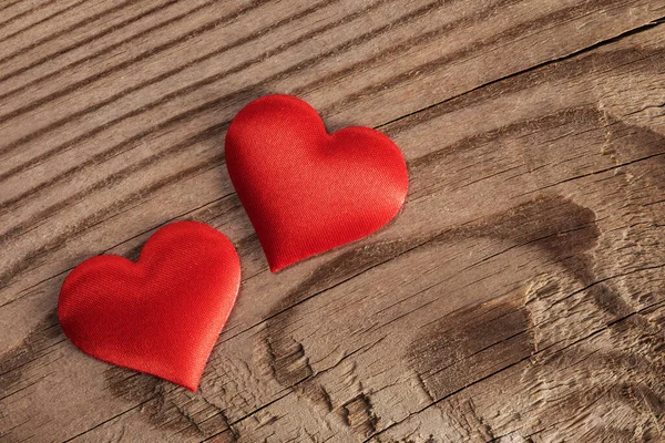 Valentine Day Two Red Silk Hearts Wooden Background Love Concept — Stock Photo, Image