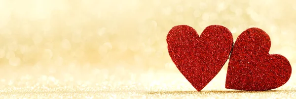 Two Red Hearts Symbol Love Golden Background Beautiful Bokeh Saint — Stock Photo, Image