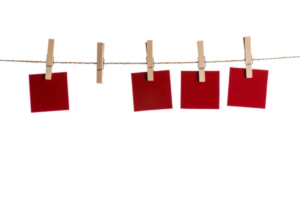 Set Four Red Blank Paper Notes Held String Clothespins Isolated — Stock Photo, Image