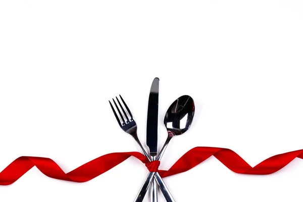 Fork Spoon Knife Cutlery Set Tied Silk Ribbon Isolated White — Stock Photo, Image