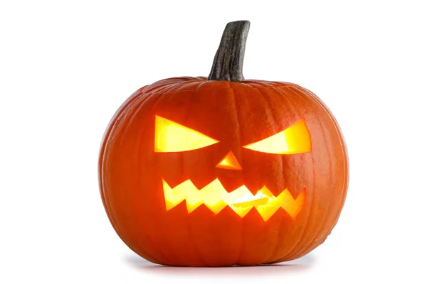 Funny Jack Linterna Calabaza Halloween Con Luz Vela Interior Aislado — Foto de Stock