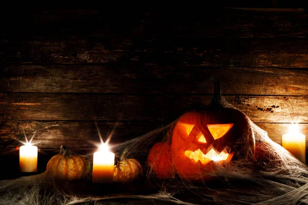 Halloween Dekorace Sváteční Koncept Dýně Pavouky Pavučiny Svíčky — Stock fotografie