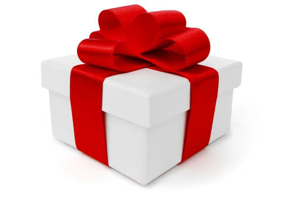 Caixa de presente branco com laço de fita vermelha — Fotografia de Stock