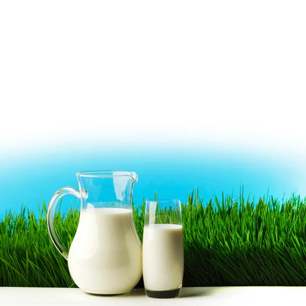 Szklanka mleka i słoik na łące kwiatowej — Zdjęcie stockowe