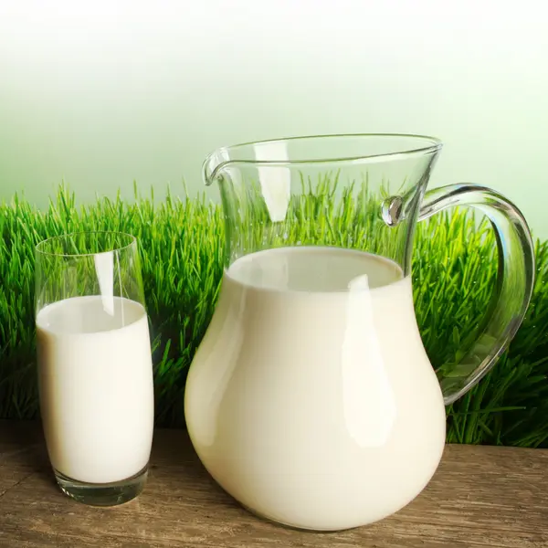 Szklanka mleka i słoik na łące — Zdjęcie stockowe
