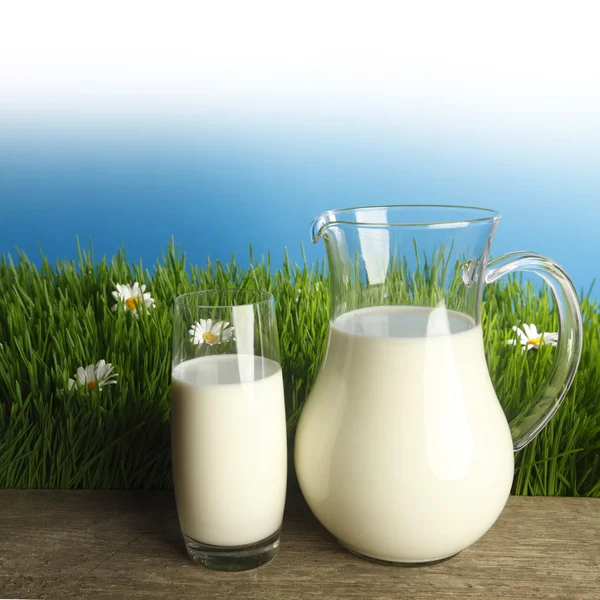 Szklanka mleka i słoik na łące kwiatowej — Zdjęcie stockowe