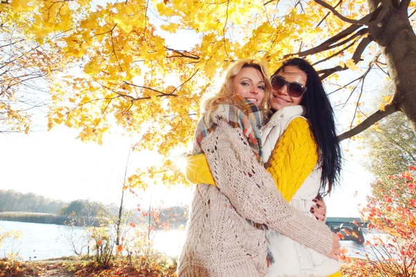 Vrouwen knuffel in herfst park — Stockfoto