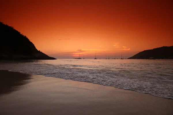 Prachtige zonsondergang boven de zee met vele jachten — Stockfoto