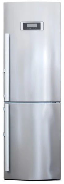 Μπροστινή άποψη σύγχρονο ψυγείο από ανοξείδωτο χάλυβα — Φωτογραφία Αρχείου