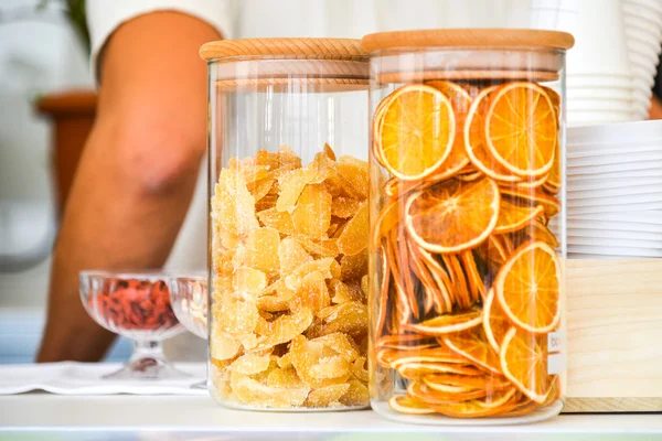 Sugar lemon slices in a clear jar